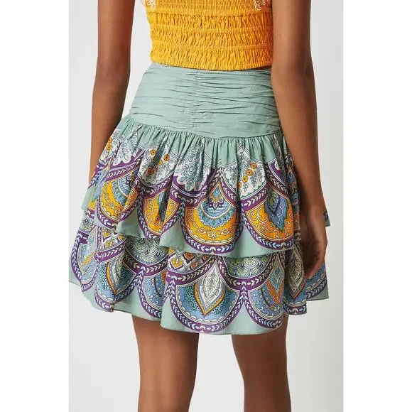 Anthropologie Let Me Be Tiered Paisley Boho Green Cotton Mini Skirt Size XS - Picture 3 of 5
